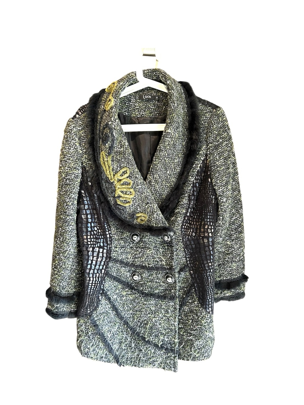 Lace Gray and Green Tweed Style Double-Breasted Jacket with fur trimmings